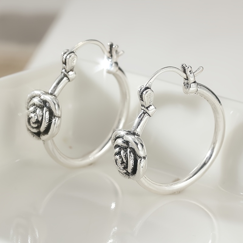 Women's Silvery 3D Rose Flower Stud Hoop Earrings, Minimalist Design